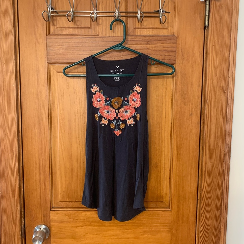 American Eagle Outfitters Embellished Blue Sleeveless Tank Top